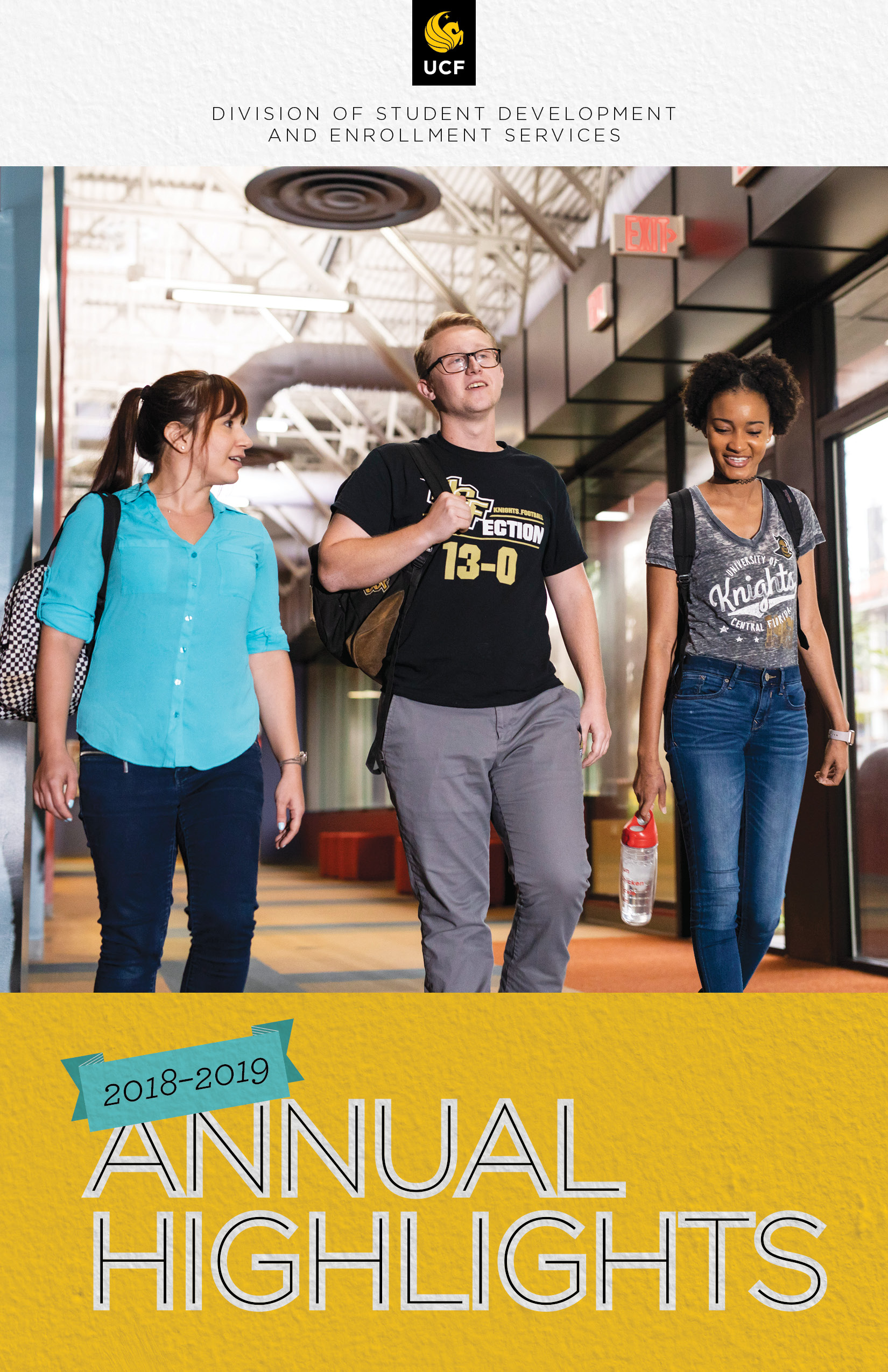 Cover of 2018-2019 Annual Highlights showing three students walking on campus